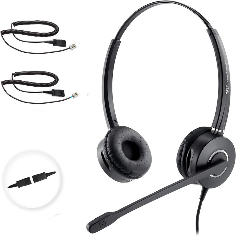 VT سماعة رأس ميكروفون هاتفية مع خاصية إلغاء الضوضاء QD - سماعة مركز الاتصال مع كابلات RJ09 متوافقة مع هواتف Polycom و Yealink و Grandstream و Snom و Fanvil و Mitel (ثنائية الأذن) - Image 1