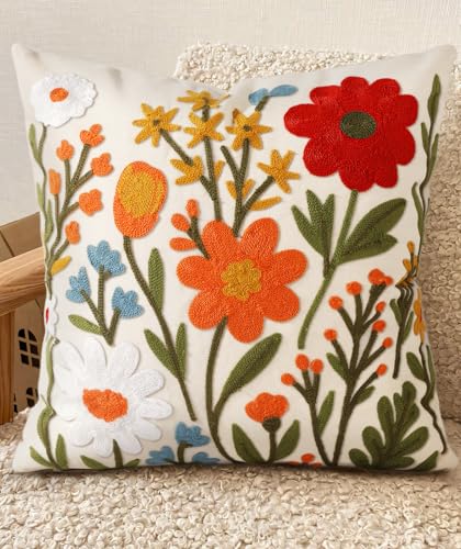 Kokaaee Embroidered Throw Pillow Cover 18x18 Inch Spring Summer Boho Decorative Pillow Cover with Zipper for Living Room Couch Sofa Bed Aesthetic Design Flower Cluster Cushion Pillowcase - Image 1