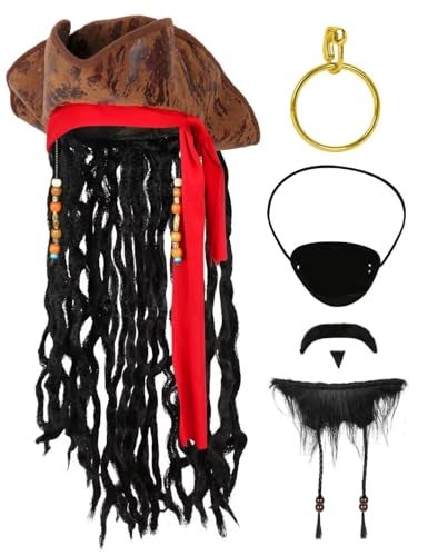 Cosrea Pirate Hat for Men Pirate Costume with Eye Patch Earring Mustache Accessories - Image 1