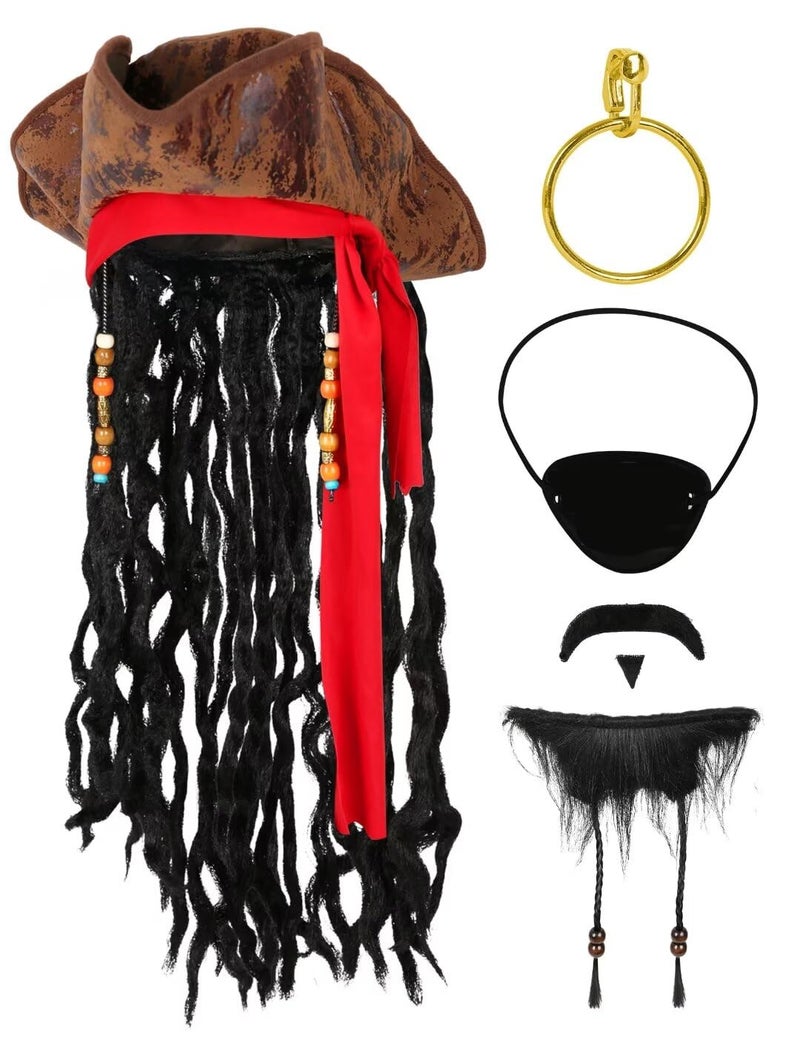 Cosrea Pirate Hat for Men Pirate Costume with Eye Patch Earring Mustache Accessories - Image 2