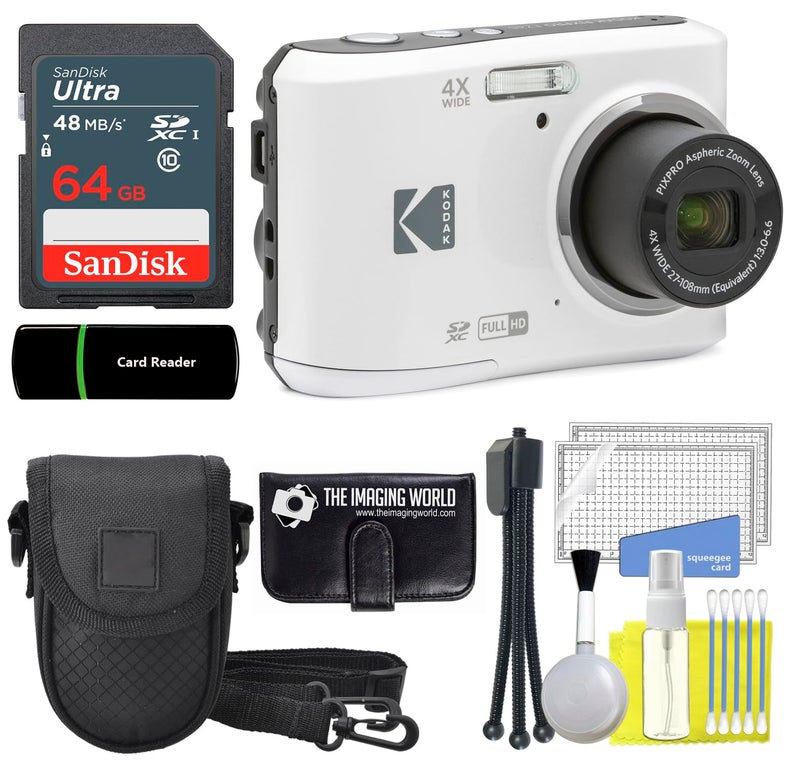 Kodak PIXPRO FZ45 16MP Digital Camera 4X Optical Zoom 27mm Wide Angle 1080P Full HD Video 2.7"" LCD Camera (White) + 64GB Card and Reader + Case + Memory Wallet + Tripod + Cleaning Bundle