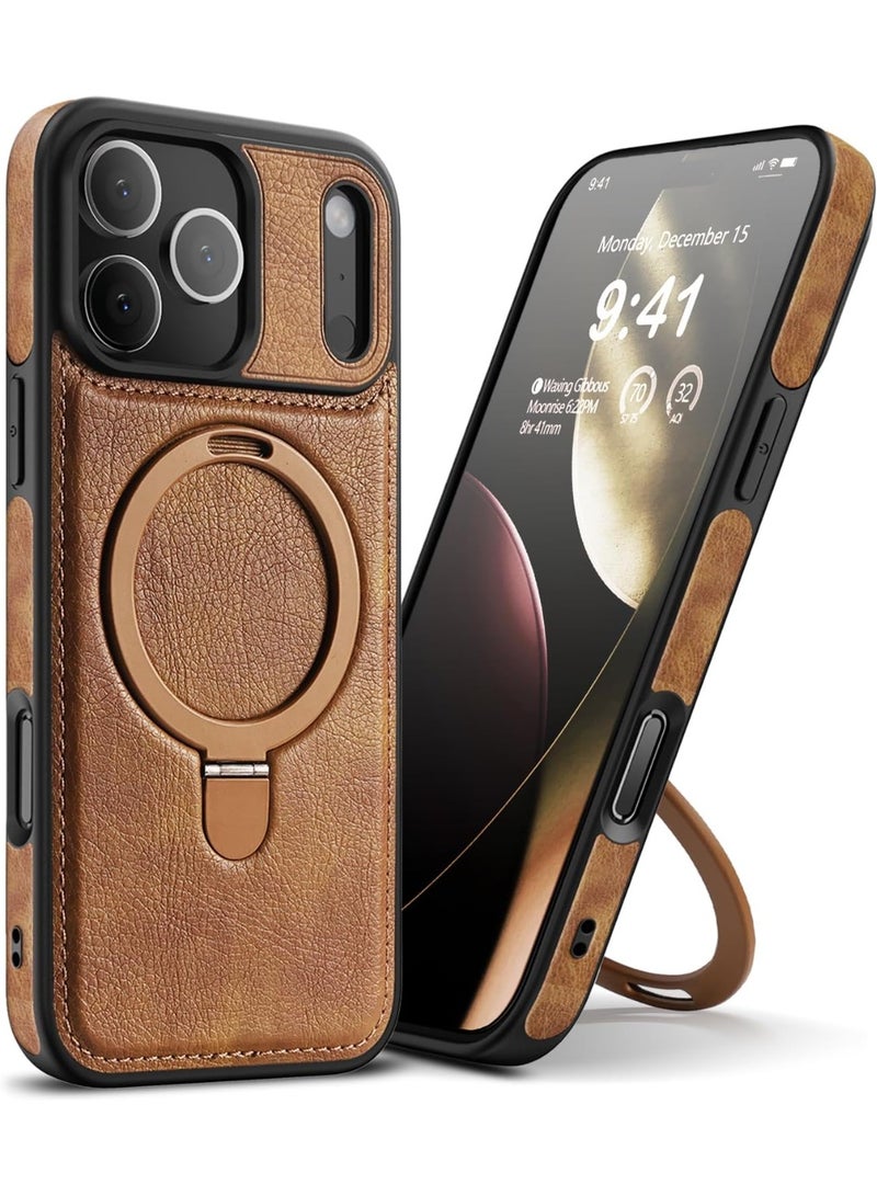 كومبي المغناطيسي لـ iPhone 17 Pro Max حالة جلدية,مدمجة في الوقوف غير المرئي [متوافق مع Magsafe] غطاء الهاتف الوقائي النحيل للفون 17 Pro Max,البني - Image 1