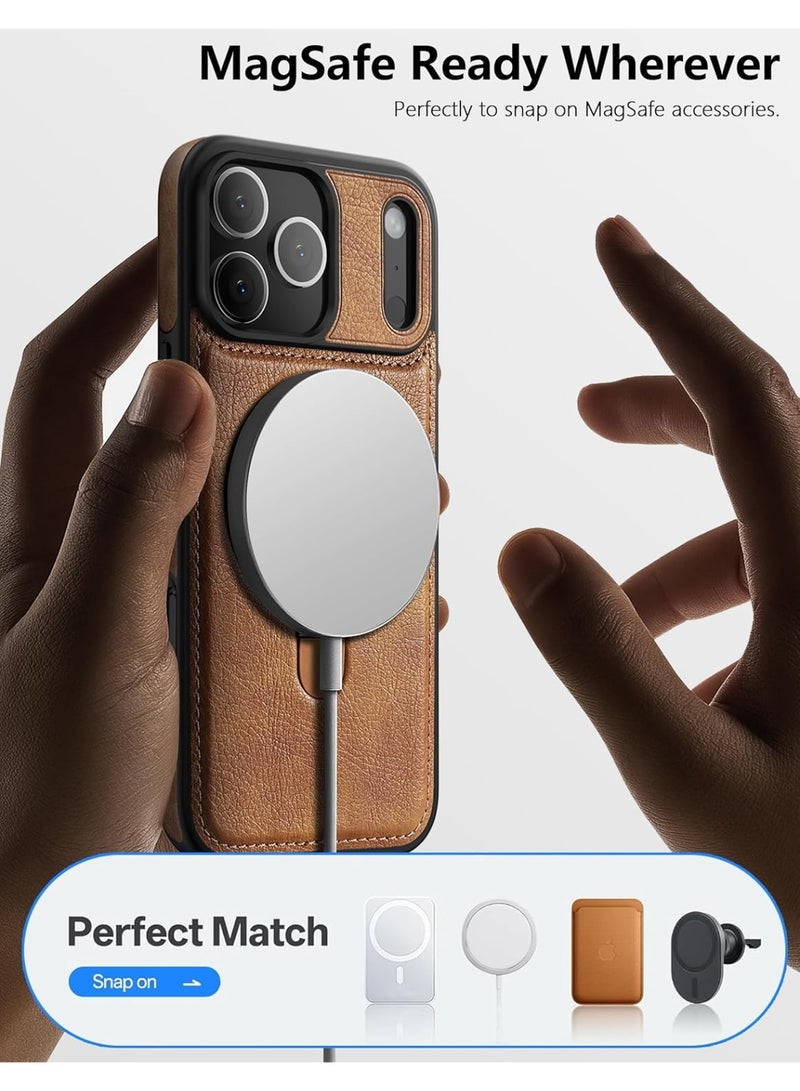 كومبي المغناطيسي لـ iPhone 17 Pro Max حالة جلدية,مدمجة في الوقوف غير المرئي [متوافق مع Magsafe] غطاء الهاتف الوقائي النحيل للفون 17 Pro Max,البني - Image 3