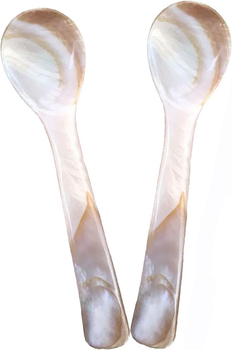 Wenplus 2 Pack 3.55inch Caviar Spoons Handcraft Mother of Pearl MOP Caviar Spoon W Round Handle with One Plastic Storage Box - Coffee Color, Style C - Image 1