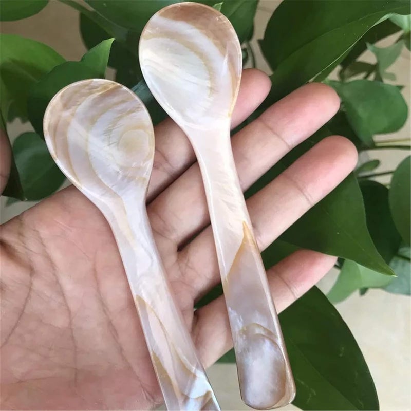 Wenplus 2 Pack 3.55inch Caviar Spoons Handcraft Mother of Pearl MOP Caviar Spoon W Round Handle with One Plastic Storage Box - Coffee Color, Style C - Image 3