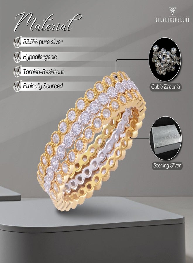 SilverCloseOut Yellow Gold Vermeil Sterling Silver Womens Cz 3 Ring Stacking Band Set Ladies Stacking Eternity Band Set - Size 8 - Image 2