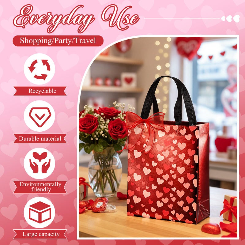 Henoyso 12 Pcs Valentines Day Gift Bags, Reusable Heart Gift Bags with Handle Ribbon, Iridescent Non-woven Holographic Medium Sparkly Tote Bulk for Valentines Party Favor Goodie Wrapping, 10 x 8 x 4'' - Image 4