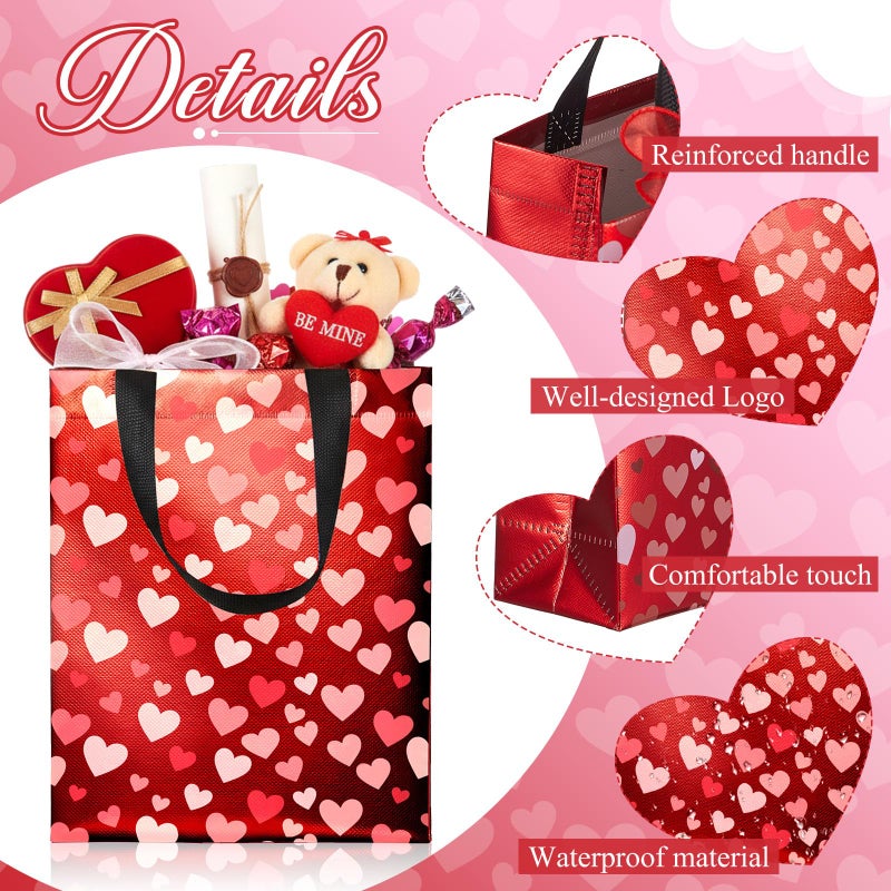 Henoyso 12 Pcs Valentines Day Gift Bags, Reusable Heart Gift Bags with Handle Ribbon, Iridescent Non-woven Holographic Medium Sparkly Tote Bulk for Valentines Party Favor Goodie Wrapping, 10 x 8 x 4'' - Image 3