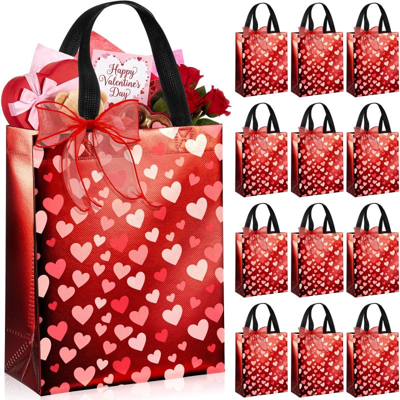 Henoyso 12 Pcs Valentines Day Gift Bags, Reusable Heart Gift Bags with Handle Ribbon, Iridescent Non-woven Holographic Medium Sparkly Tote Bulk for Valentines Party Favor Goodie Wrapping, 10 x 8 x 4'' - Image 1