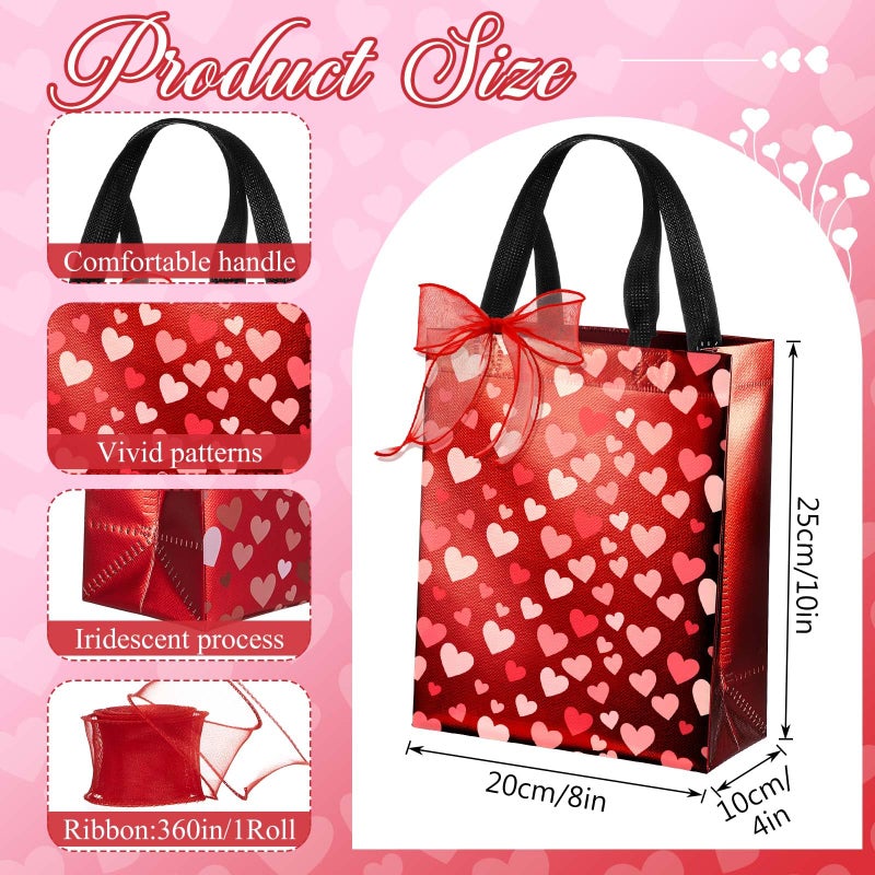 Henoyso 12 Pcs Valentines Day Gift Bags, Reusable Heart Gift Bags with Handle Ribbon, Iridescent Non-woven Holographic Medium Sparkly Tote Bulk for Valentines Party Favor Goodie Wrapping, 10 x 8 x 4'' - Image 2