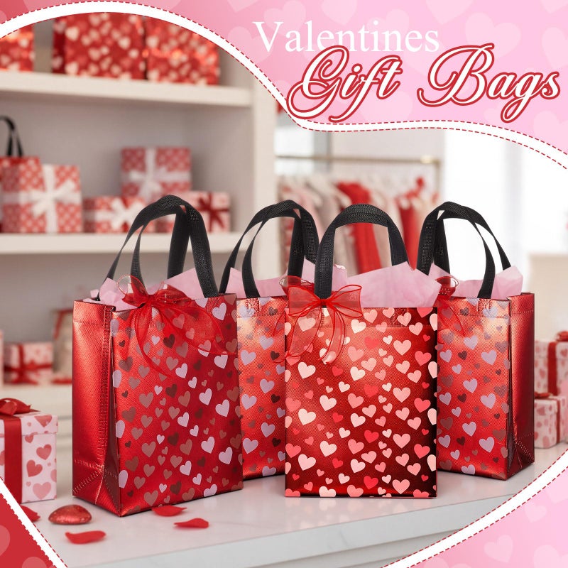 Henoyso 12 Pcs Valentines Day Gift Bags, Reusable Heart Gift Bags with Handle Ribbon, Iridescent Non-woven Holographic Medium Sparkly Tote Bulk for Valentines Party Favor Goodie Wrapping, 10 x 8 x 4'' - Image 5