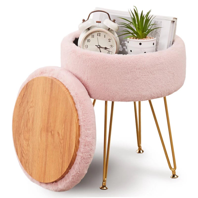 Cplxroc Ottomans Round Faux Fur Ottoman with Storage Footstools Vanity Chair Coffee Table Ottoman for Living Room Pink