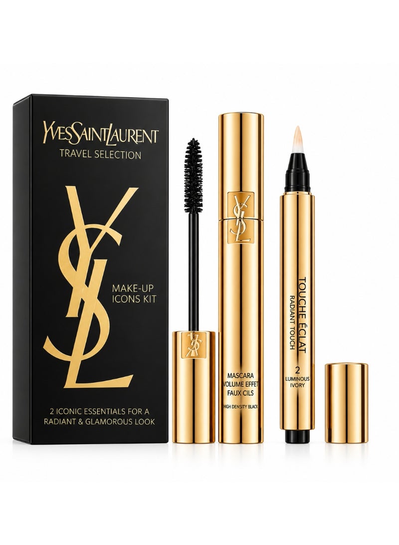 Yves Saint Laurent YSL Travel Selection Make-Up Icons Kit – Touche Éclat SHADE 2 LUMINOUS IVORY 2.5ml + Volume Effet Faux Cils Mascara HIGH DENSITY BLACK 7.5ml - Image 1