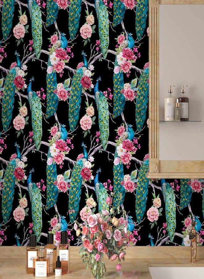ReWallpaper ورق حائط ReWallpaper Peacock ذو اللون الأسود والأخضر والأزرق وورق حائط زهري عتيق قابل للإزالة، ورق حائط لاصق ذاتي اللصق للخزائن والحمام والمطبخ 17.5 بوصة × 10 أقدام - Image 4
