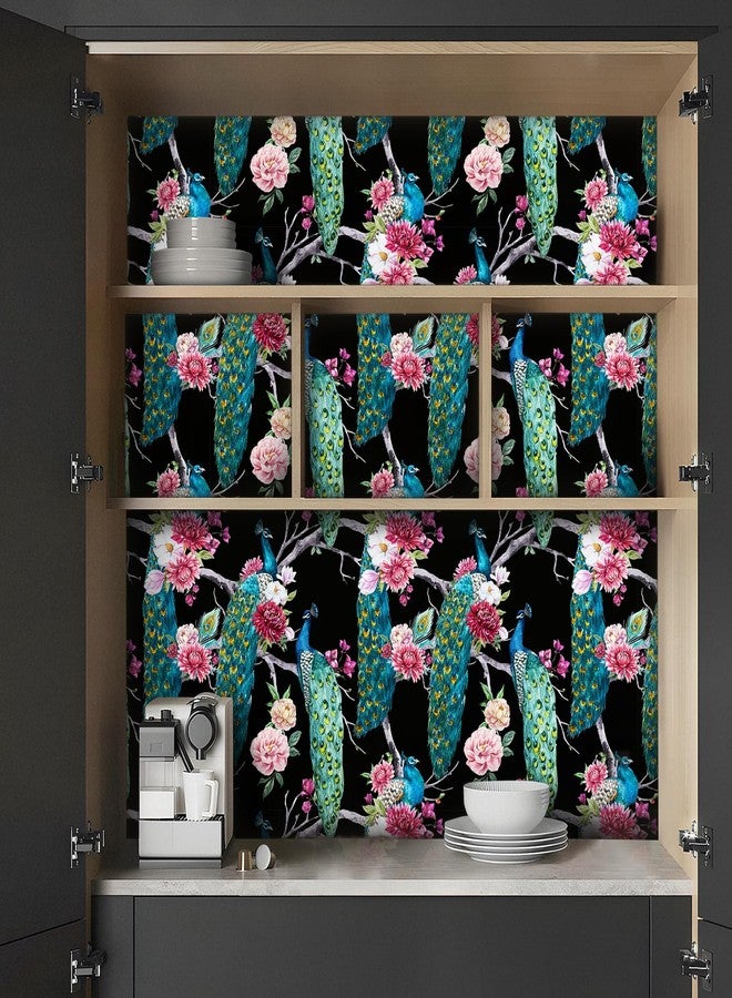 ReWallpaper ورق حائط ReWallpaper Peacock ذو اللون الأسود والأخضر والأزرق وورق حائط زهري عتيق قابل للإزالة، ورق حائط لاصق ذاتي اللصق للخزائن والحمام والمطبخ 17.5 بوصة × 10 أقدام - Image 5