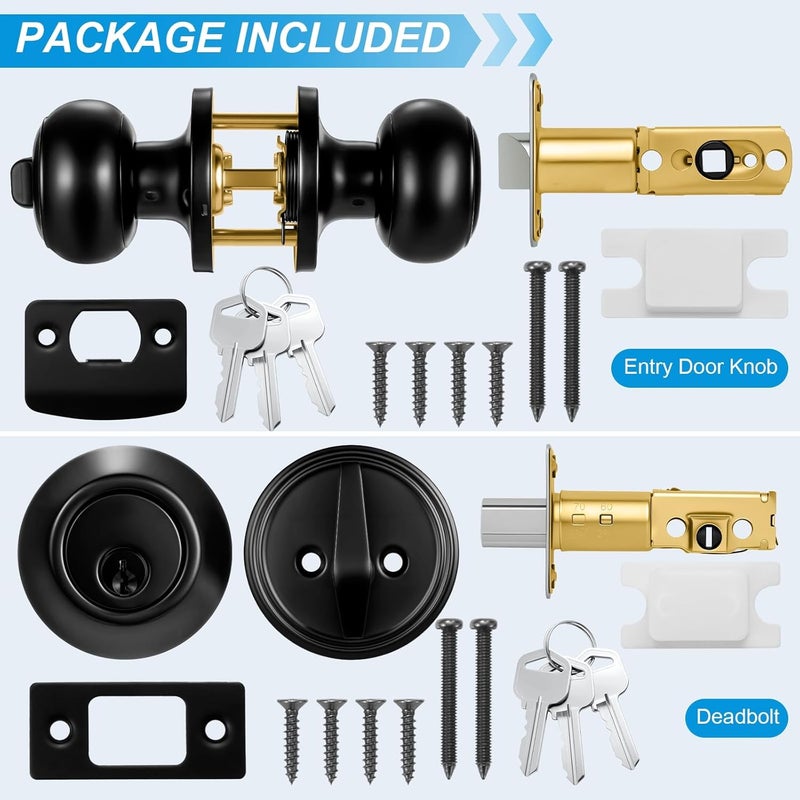 Plustool 2 Pack Front Door Lock Set Matte Black,Exterior Door Lock Set with Deadbolt,Single Cylinder Deadbolt Lock and Door Knob Set,Keyed Alike Door Knobs with Lock&Keys,Round Ball Entry Door Lockset - Image 5