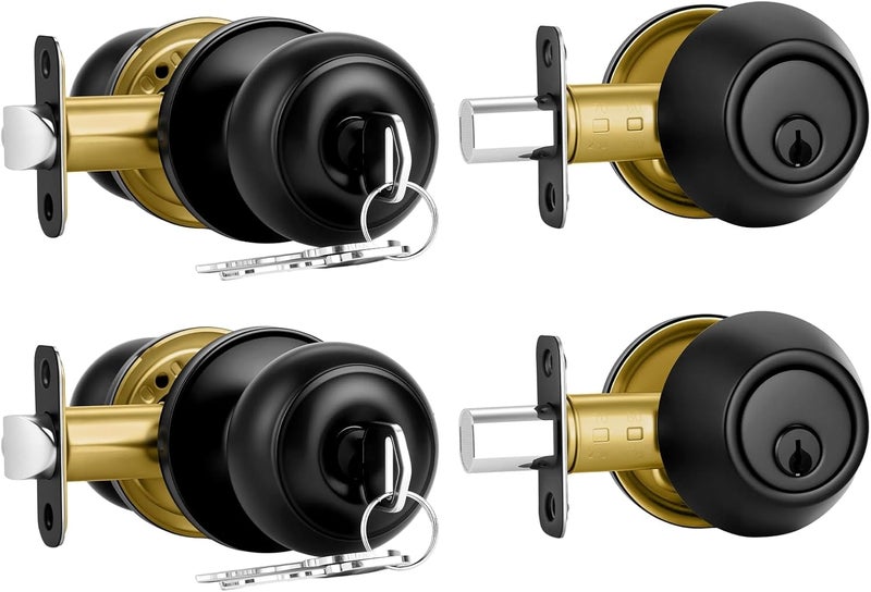 Plustool 2 Pack Front Door Lock Set Matte Black,Exterior Door Lock Set with Deadbolt,Single Cylinder Deadbolt Lock and Door Knob Set,Keyed Alike Door Knobs with Lock&Keys,Round Ball Entry Door Lockset - Image 1