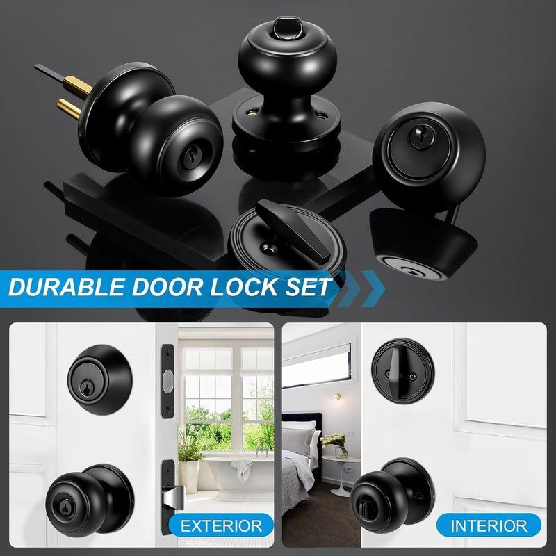 Plustool 2 Pack Front Door Lock Set Matte Black,Exterior Door Lock Set with Deadbolt,Single Cylinder Deadbolt Lock and Door Knob Set,Keyed Alike Door Knobs with Lock&Keys,Round Ball Entry Door Lockset - Image 2