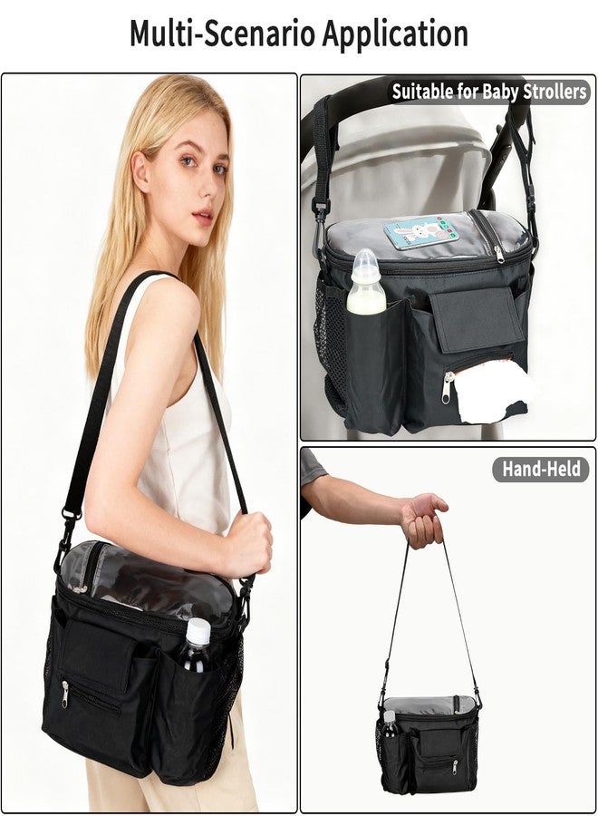 Smlper Large Universal Stroller Caddy Bag, Stroller Organizer with Cup Holder / Detachable Shoulder Strap, Waterproof Baby Travel Gear for Baby Stroller (Black) - Image 2