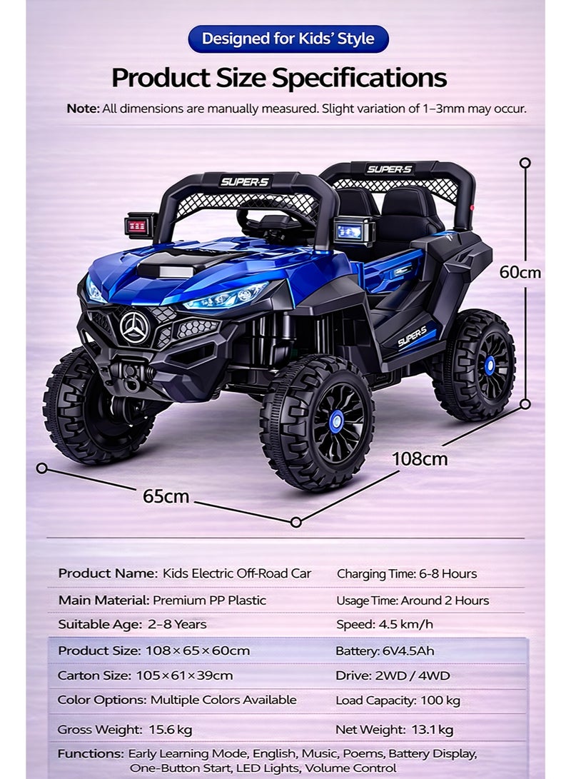 12V Kids Ride On Electric Car with Remote Control, 4WD Off-Road SUV, LED Lights, Music Player, USB & AUX, Dual Seat, Battery Powered Toy Car for Boys & Girls 2-8 Years - Image 2
