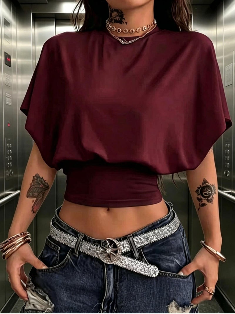 BK260403040 Women's Fashion Spring\u002FSummer , Stylish and Elegant, Solid Color No Print, Casual Versatile Waist - Cinching T - Shirt, Essential Basic Style—Suitable for Daily... - Image 2
