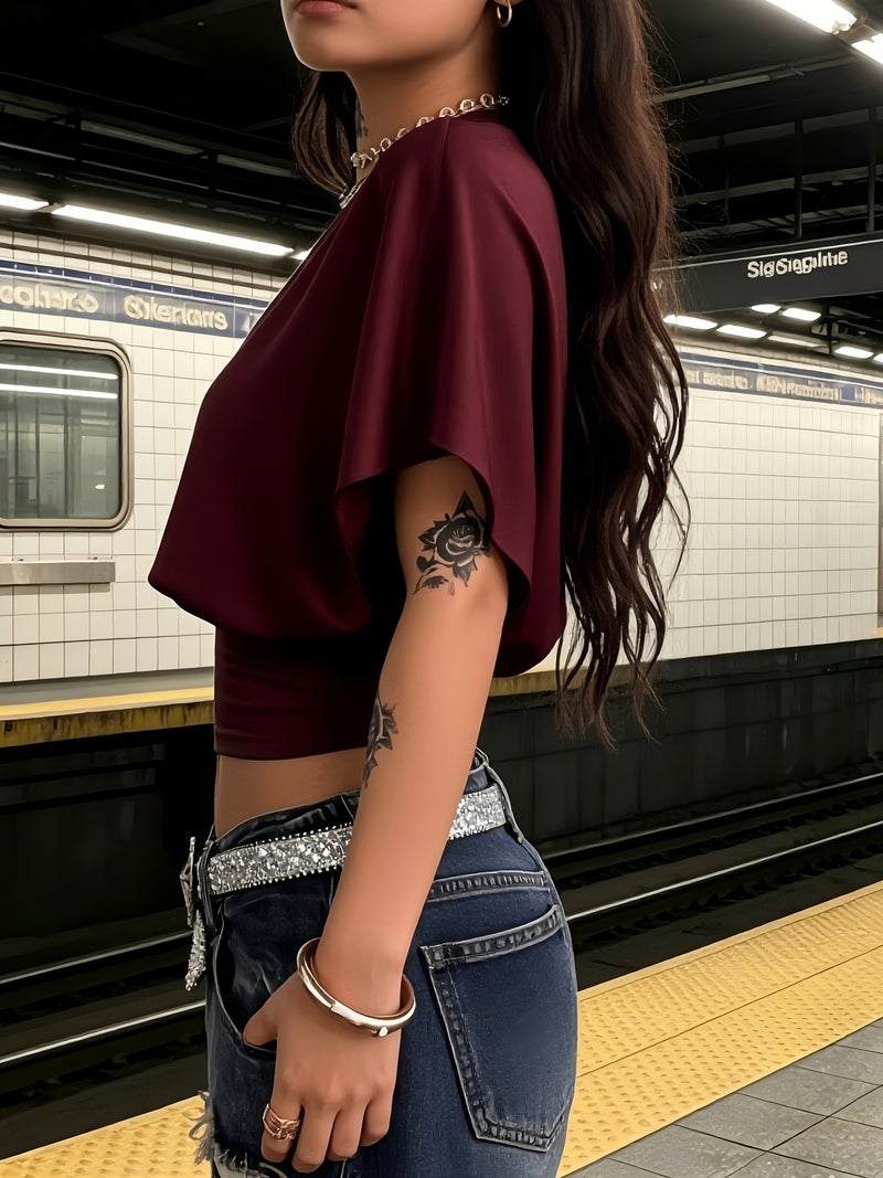 BK260403040 Women's Fashion Spring\u002FSummer , Stylish and Elegant, Solid Color No Print, Casual Versatile Waist - Cinching T - Shirt, Essential Basic Style—Suitable for Daily... - Image 3