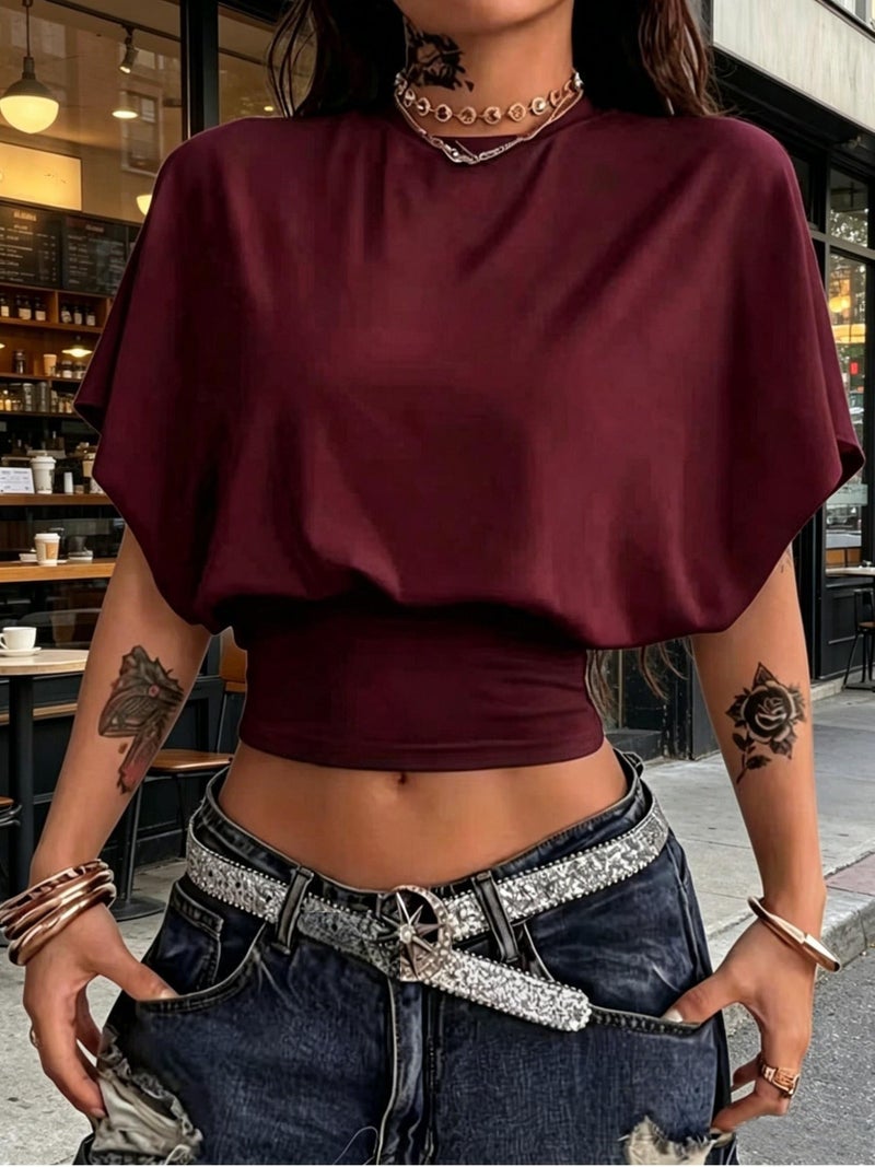 BK260403040 Women's Fashion Spring\u002FSummer , Stylish and Elegant, Solid Color No Print, Casual Versatile Waist - Cinching T - Shirt, Essential Basic Style—Suitable for Daily... - Image 5
