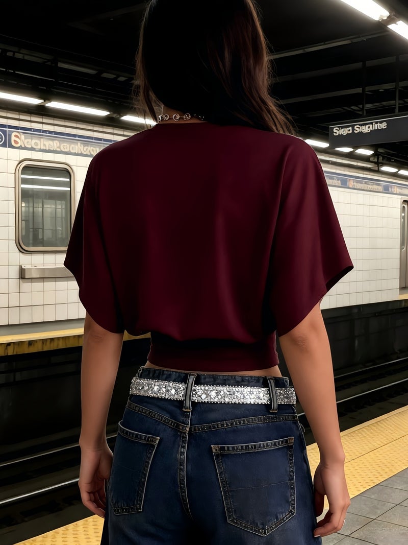 BK260403040 Women's Fashion Spring\u002FSummer , Stylish and Elegant, Solid Color No Print, Casual Versatile Waist - Cinching T - Shirt, Essential Basic Style—Suitable for Daily... - Image 4