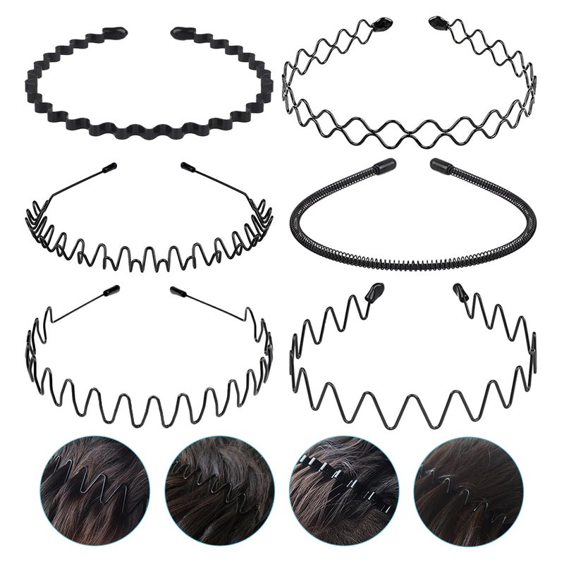 JERLITU Metal Headbands for Men, Women Fashion Hair Bands, Adjustable Wavy Headband, Unisex Black Simple Non-Slip Sports Headbandï¼ˆ6 Pack ï¼‰ - Image 1