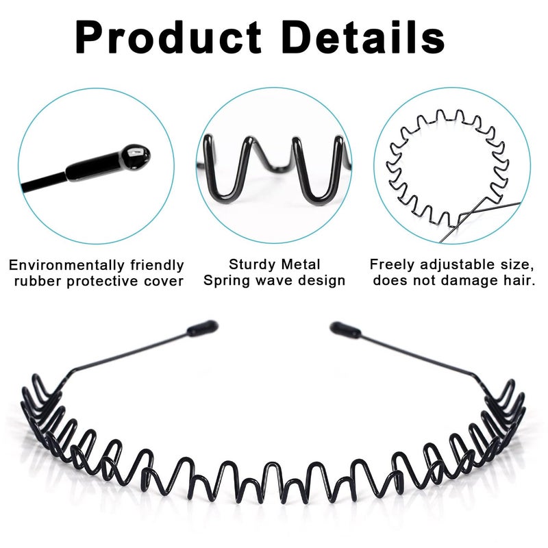 JERLITU Metal Headbands for Men, Women Fashion Hair Bands, Adjustable Wavy Headband, Unisex Black Simple Non-Slip Sports Headbandï¼ˆ6 Pack ï¼‰ - Image 2