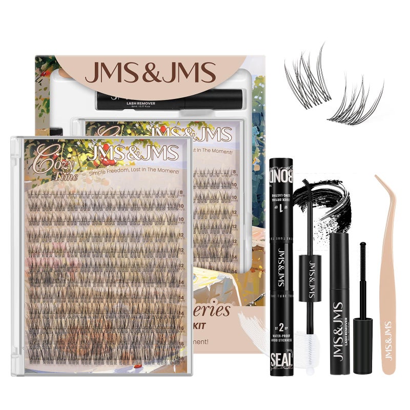 JMS&JMS Natural Look Lash Clusters Kit C Curl Fluffy Lash Clusters Wispy Eyelash Extension Kit Invisible Band with Waterproof DIY at Home(8-16MIX) - Image 1