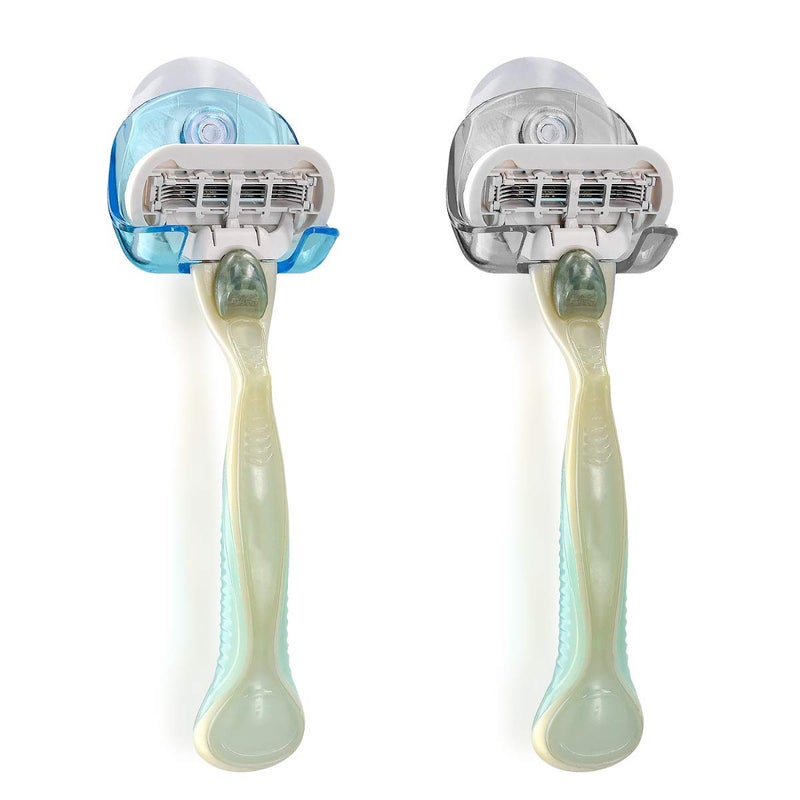kwmobile 2x Razor Holder with Suction Cup - Self-Adhesive Shaver Wall Mount - Bathroom Organizer for Glass and Tiles - Black/Light Blue/Transparent - Image 1