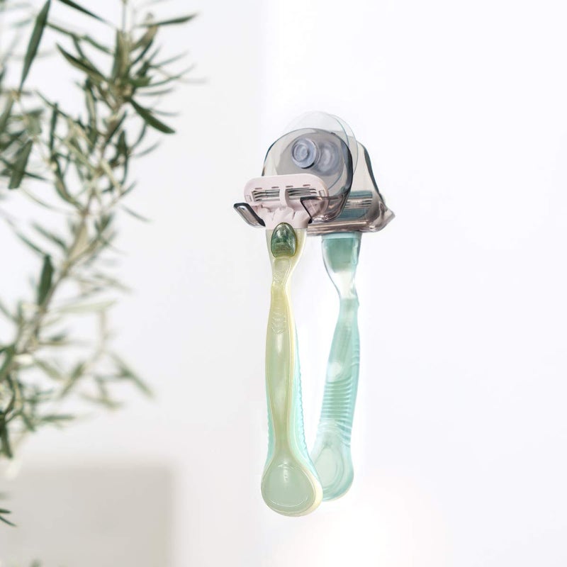 kwmobile 2x Razor Holder with Suction Cup - Self-Adhesive Shaver Wall Mount - Bathroom Organizer for Glass and Tiles - Black/Light Blue/Transparent - Image 2