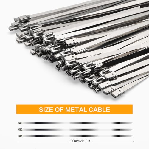 YISRHMCS 304 Stainless Steel Metal Zip Ties, 100PCS 11.8 Inch Heavy Duty Self-Locking Cable Ties, Rust & Corrosion Resistant for Outdoor Automotive Fencing Industrial Use - Image 2