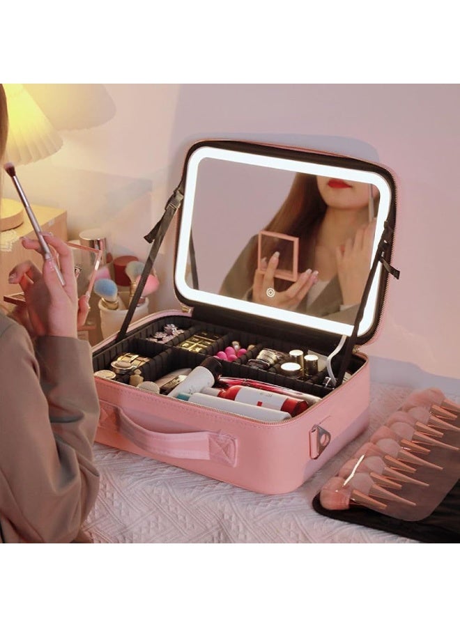 حقيبة مكياج مع مرآة LED – حقيبة تجميل كبيرة بسعة كبيرة للسفر والتنظيم" - Image 1