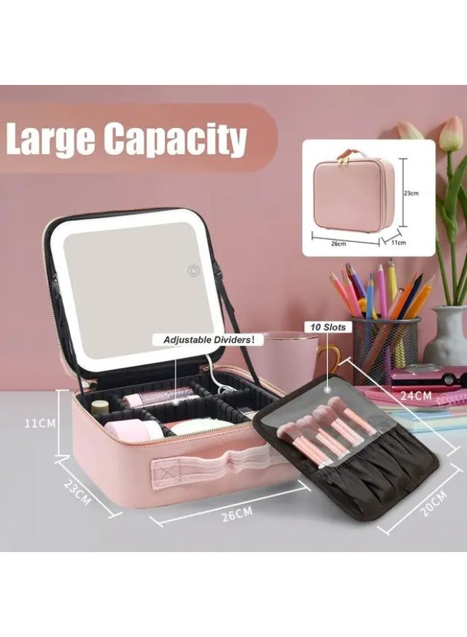 حقيبة مكياج مع مرآة LED – حقيبة تجميل كبيرة بسعة كبيرة للسفر والتنظيم" - Image 3