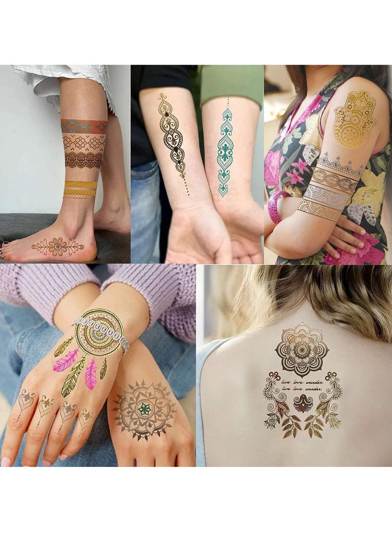Captaintech Sheets 130 Patterns Gold Temporary Tattoos For Women Girls Teens Festival Fake Jewels Flash Tattoos Stickers Adults Summer Glitter Metallic Tattoos Body Art Decals Bohemia Mandala - Image 2