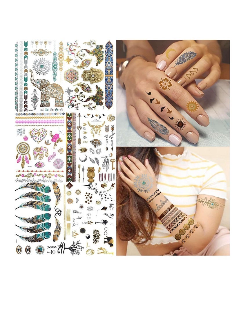 Captaintech Sheets 130 Patterns Gold Temporary Tattoos For Women Girls Teens Festival Fake Jewels Flash Tattoos Stickers Adults Summer Glitter Metallic Tattoos Body Art Decals Bohemia Mandala - Image 3