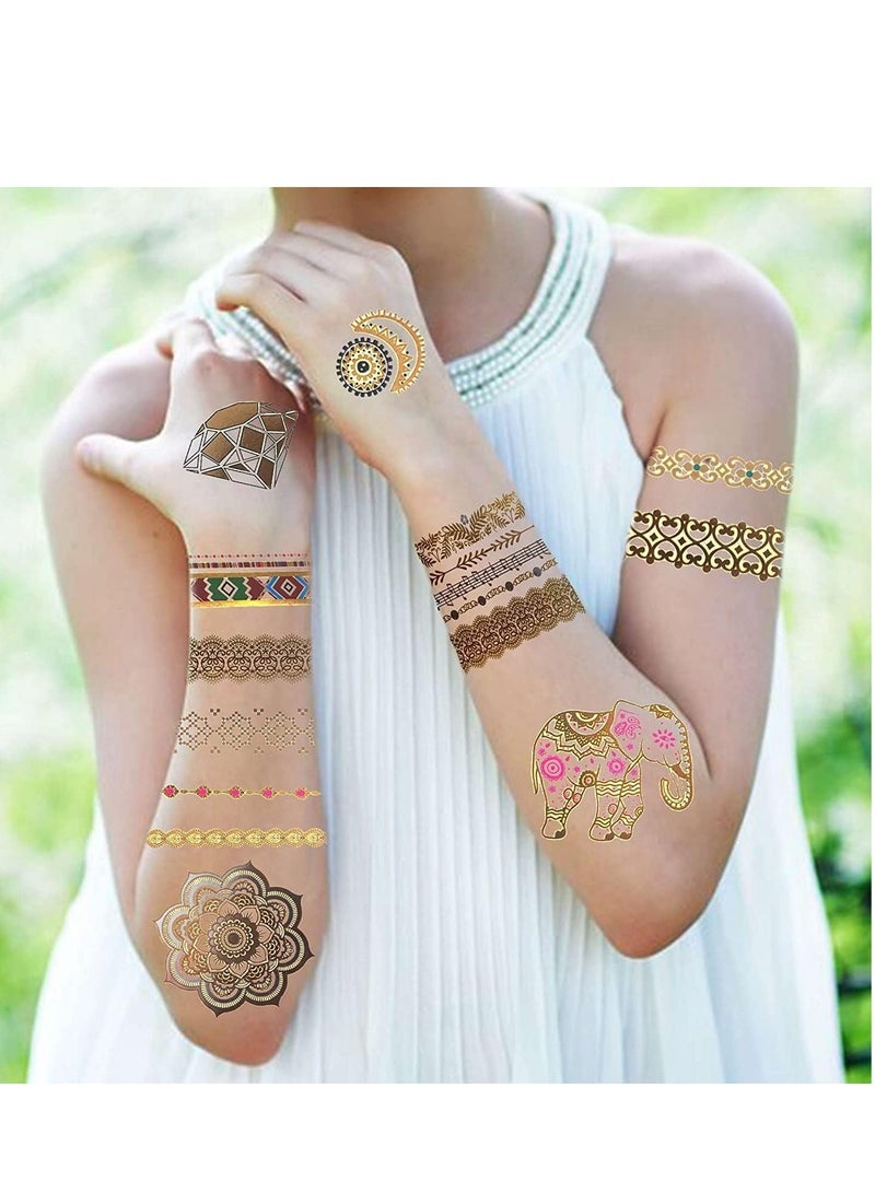 Captaintech Sheets 130 Patterns Gold Temporary Tattoos For Women Girls Teens Festival Fake Jewels Flash Tattoos Stickers Adults Summer Glitter Metallic Tattoos Body Art Decals Bohemia Mandala - Image 4