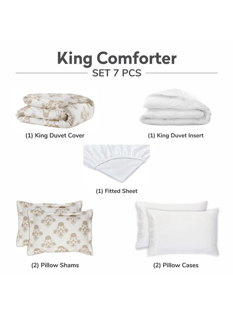Donetella 7-Piece Cotton Comforter Set With Removable Filler King 260 x 240 Cm Off-white/Beige