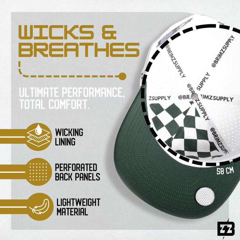 BRIMZ Golf Performance Hat - Tee Holder & Magnetic Brim - Breathable Sweat & Water Resistant Golfing Snapback Cap (Golf - White/Green) - Image 3