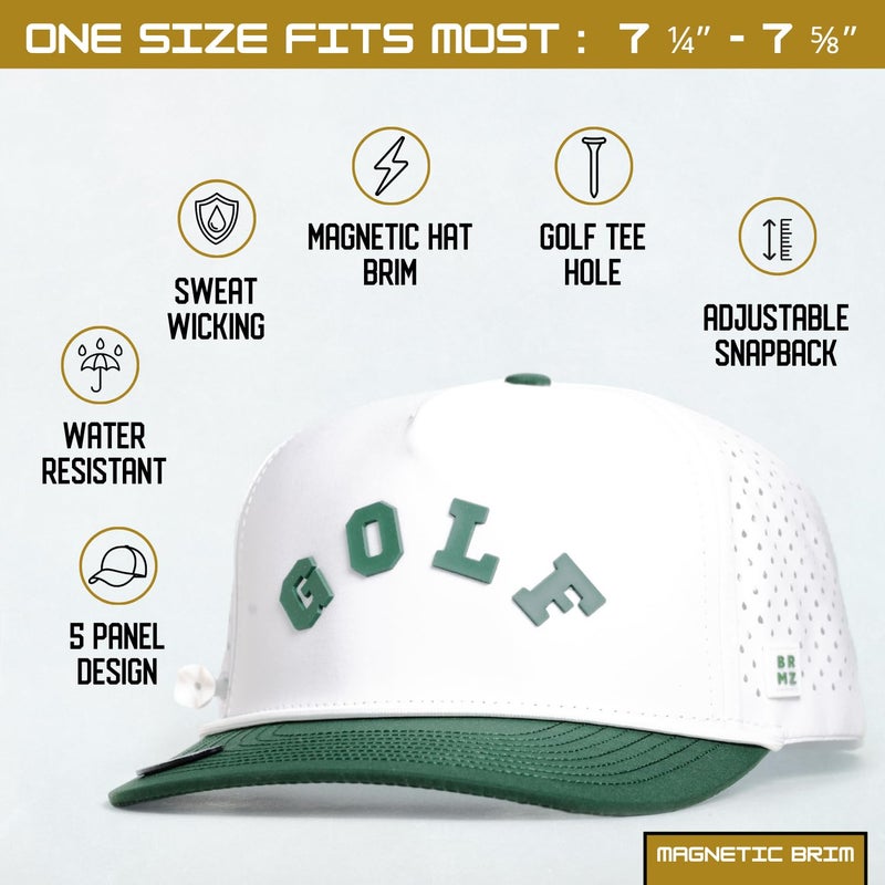 BRIMZ Golf Performance Hat - Tee Holder & Magnetic Brim - Breathable Sweat & Water Resistant Golfing Snapback Cap (Golf - White/Green) - Image 2