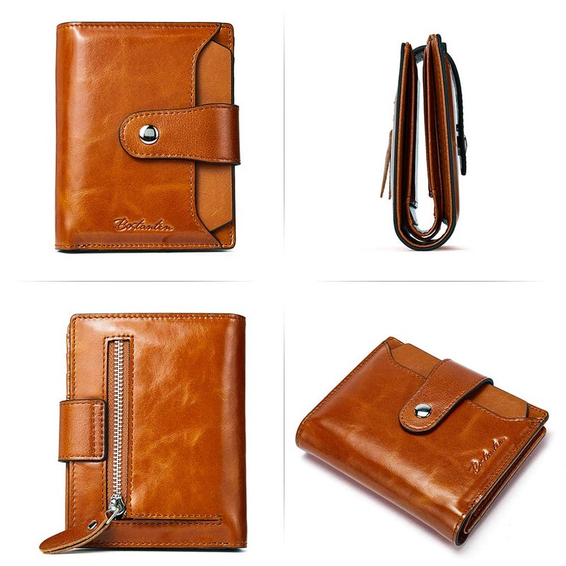 BOSTANTEN Women Leather Wallet RFID Blocking Small Bifold Zipper Pocket Wallet Card Case Purses with ID Window Brown - Image 3