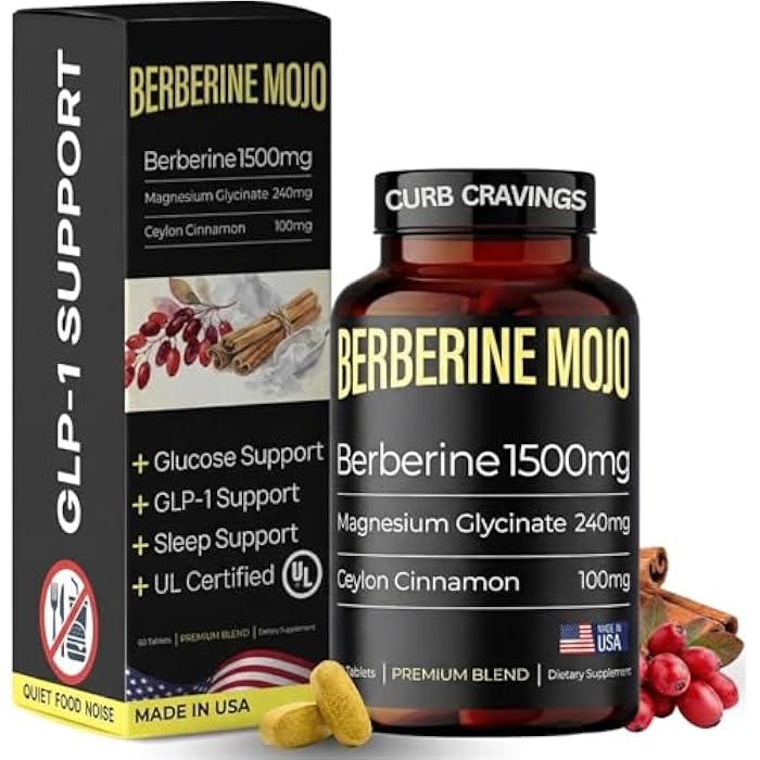Berberine 1500mg Supplement with GLP-1 & Glucose Support - Berberine HCL, Magnesium Glycinate, Ceylon Cinnamon - Sugar Control & Weight Management Herbal Supplements - Made in USA, 60 Tablets - Image 1