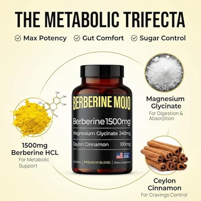 Berberine 1500mg Supplement with GLP-1 & Glucose Support - Berberine HCL, Magnesium Glycinate, Ceylon Cinnamon - Sugar Control & Weight Management Herbal Supplements - Made in USA, 60 Tablets - Image 2