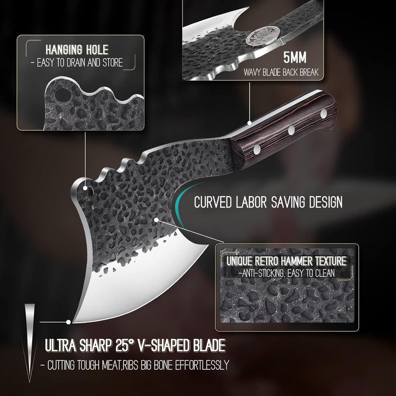 ROCOCO Meat Bone Cleaver Knife for Meat Cutting Handmade Heavy Duty Butcher Axes Hand Forged Full Tang Chopper for Kitchen Outdoor BBQ Chirstmas Mother Father Gifts Idea Men Black - Image 4