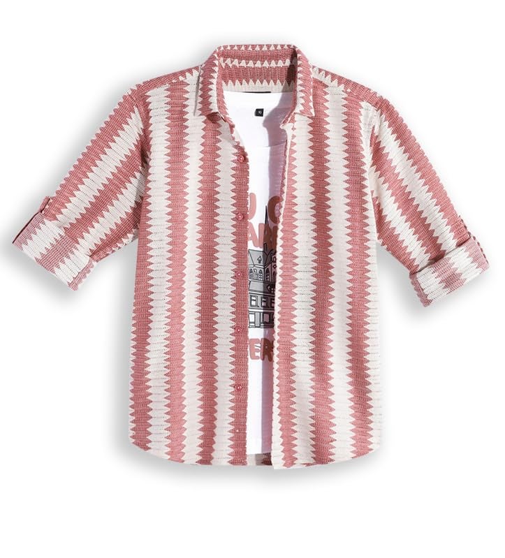 CAVIO Boys Cotton Full Sleeves Striped Shirt with T-Shirt - Image 1