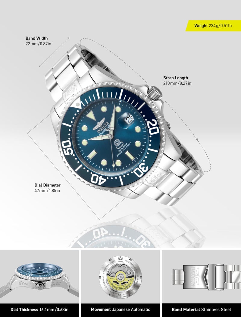 Invicta ساعة إنفيكتا للرجال 18160 برو دايفر بعرض تناظري ياباني أوتوماتيكي فضية - Image 3