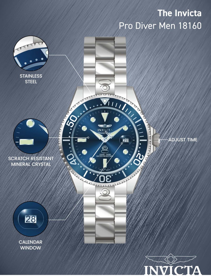 Invicta ساعة إنفيكتا للرجال 18160 برو دايفر بعرض تناظري ياباني أوتوماتيكي فضية - Image 4