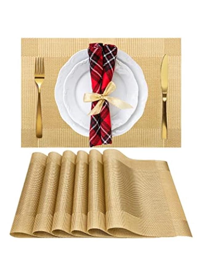 Ablieve Set of 6 Placemats, Non-Slip Crossweave Woven Vinyl Insulation Place Mat Washable Table Mats For Restaurants Party Decoration 45 x 30 cm(Gold)  - Image 1